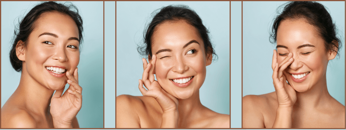 A woman with glowing skin makes playful faces in 3 separate frames.